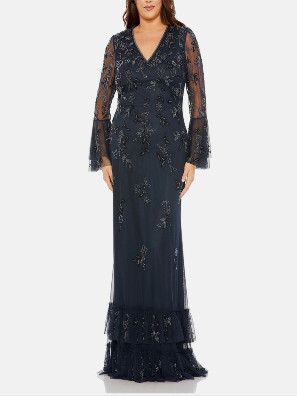 NWT $698 Mac Duggal 24W Embellished Flutter Tiered LongSleeve Gown 9239 Dress